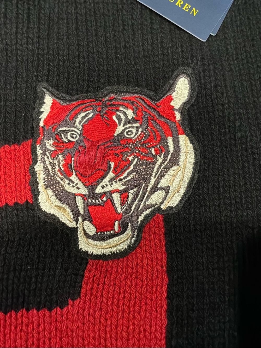 New Polo Ralph Lauren TIGER HEAD Wool-Blend Black Sweater Pullover Men's Sz M - Picture 3 of 13